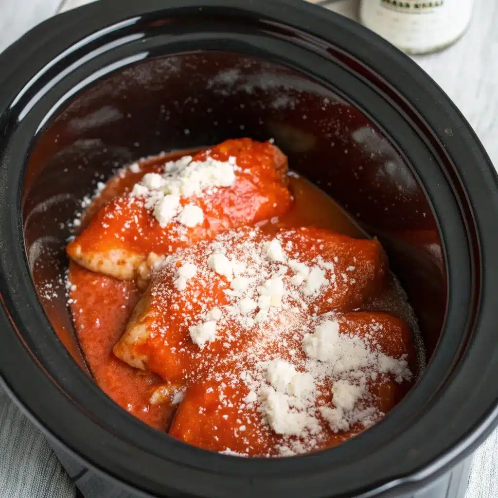 Raw chicken breasts in a slow cooker pot covered in bright red buffalo sauce and spices.