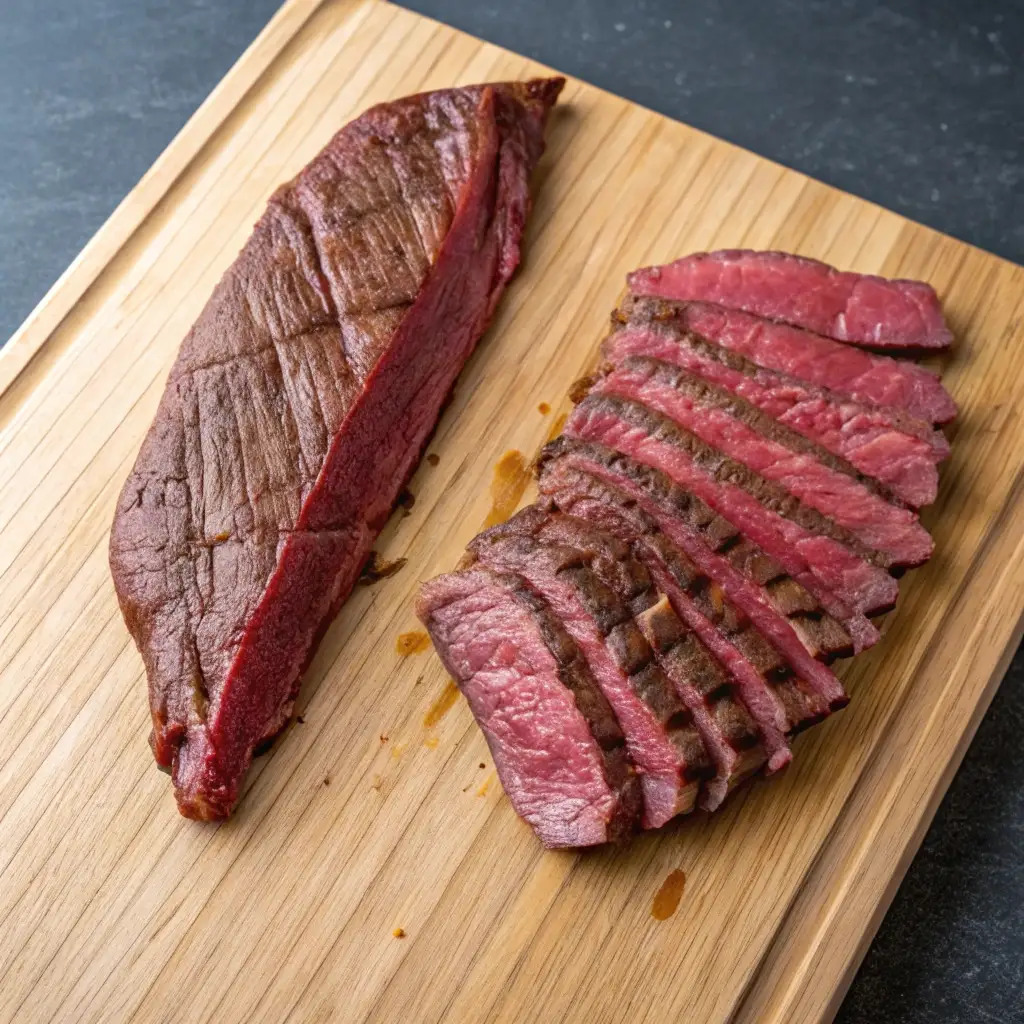Raw lean flank steak next to sliced cooked tender beef strips showing grain texture.