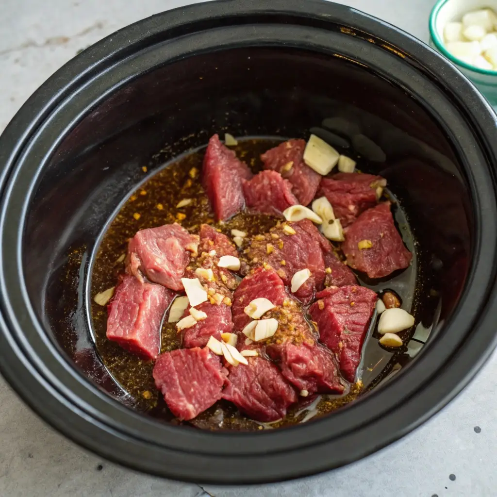Raw beef strips, soy sauce, and aromatics in a slow cooker pot.