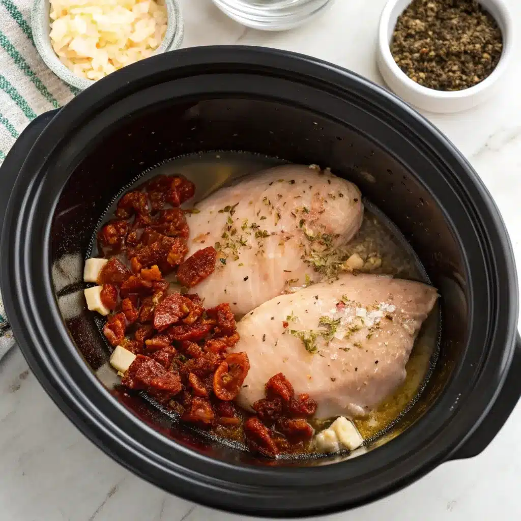 Raw whole chicken breasts seasoned with herbs and sun-dried tomatoes inside a slow cooker.