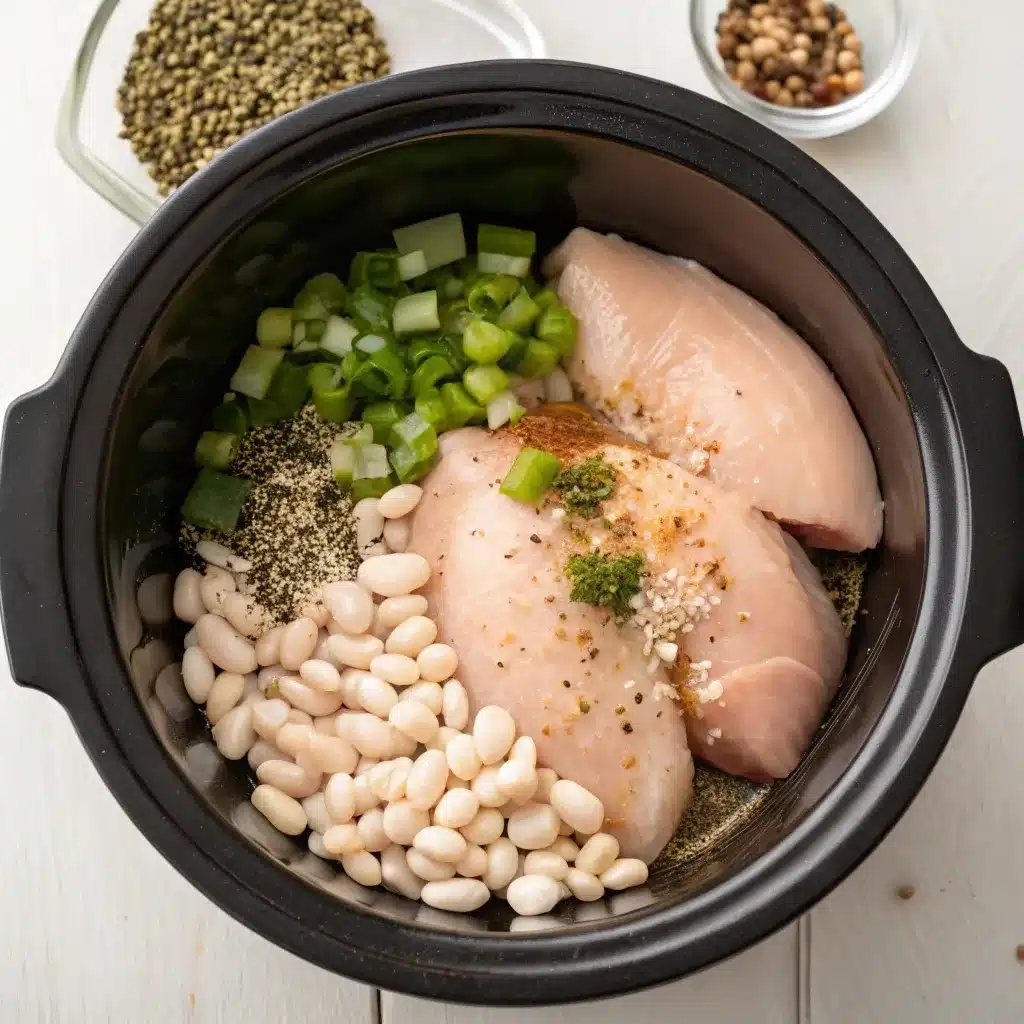 Raw chicken breasts, beans, and spices in a slow cooker pot.
