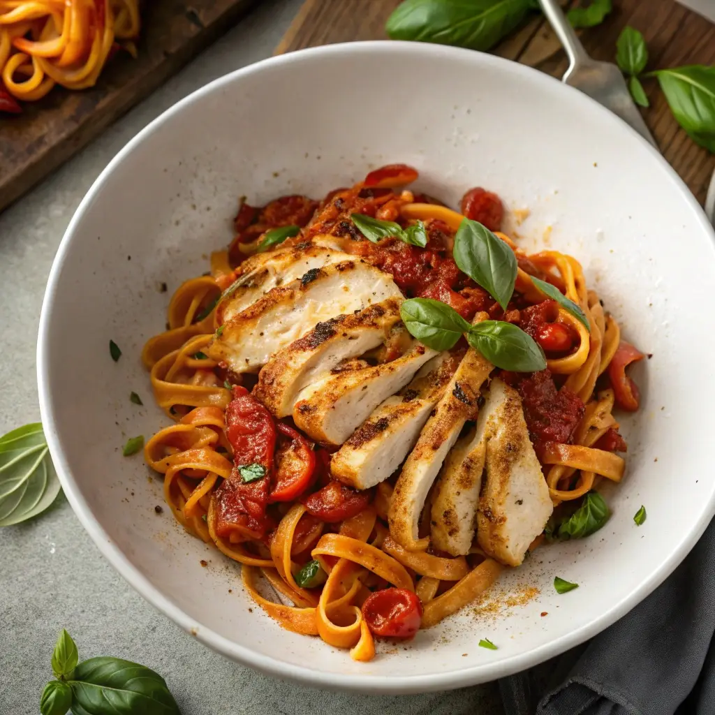 Roasted red pepper pasta topped with grilled chicken.