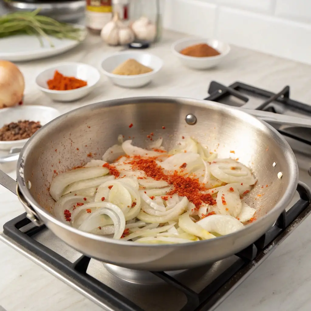 Sautéing onions and garlic for the roasted red pepper sauce.