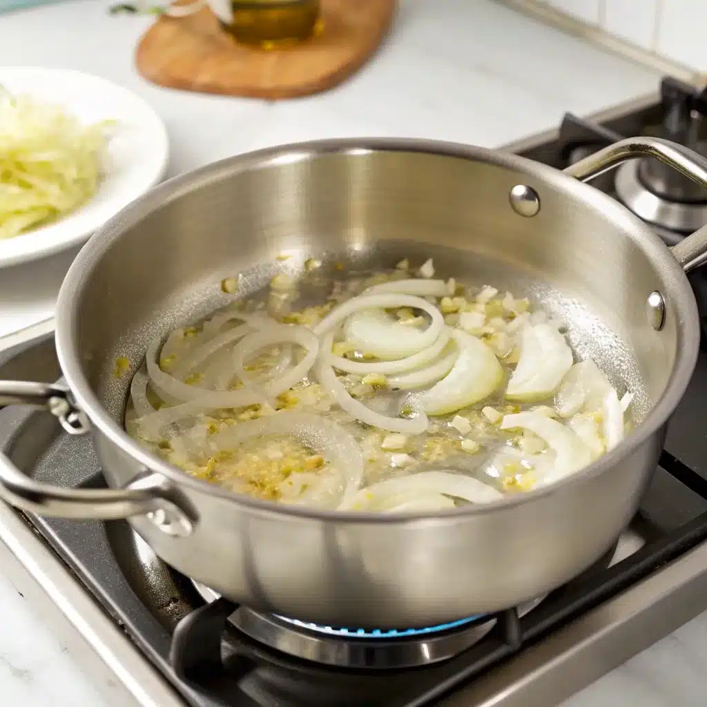 Sautéing onions and garlic for the high protein tomato soup base.