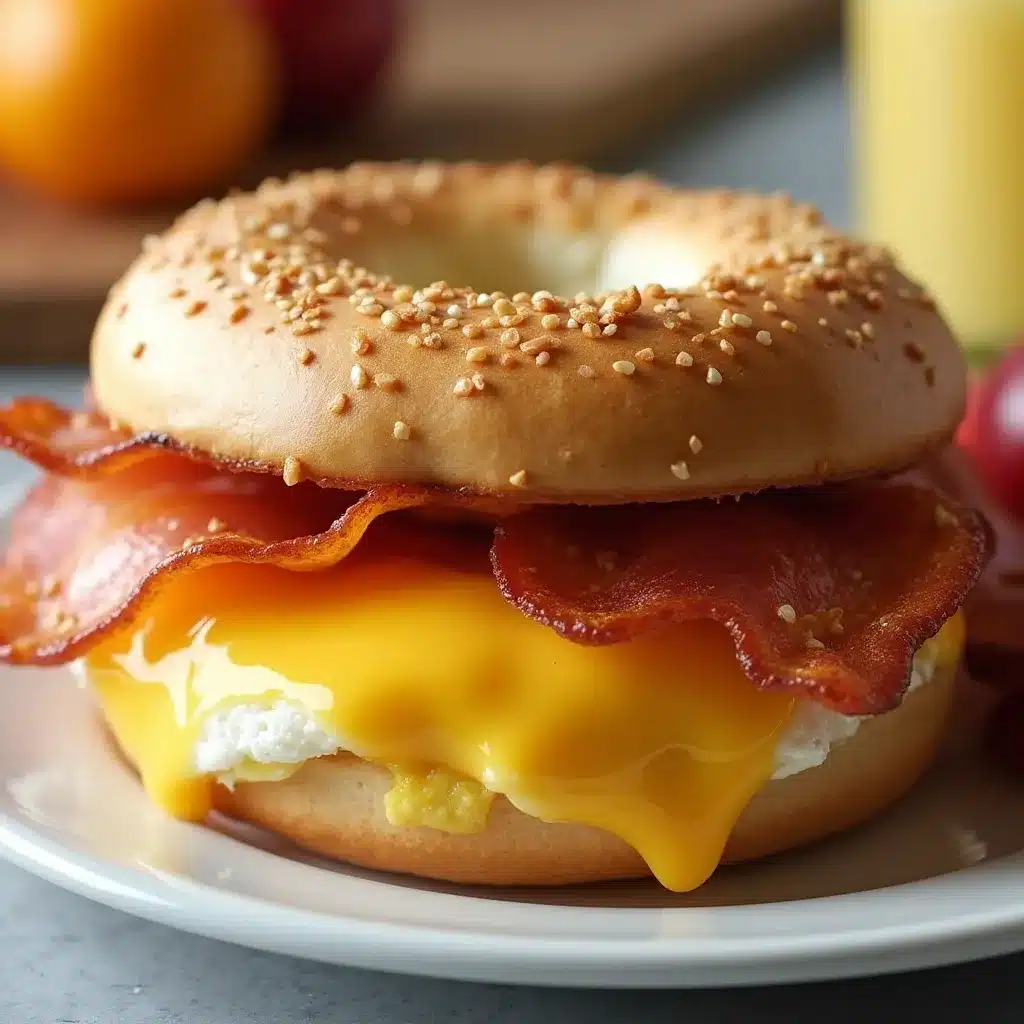 A high protein bagel filled with egg, bacon, and cheese served on a plate.