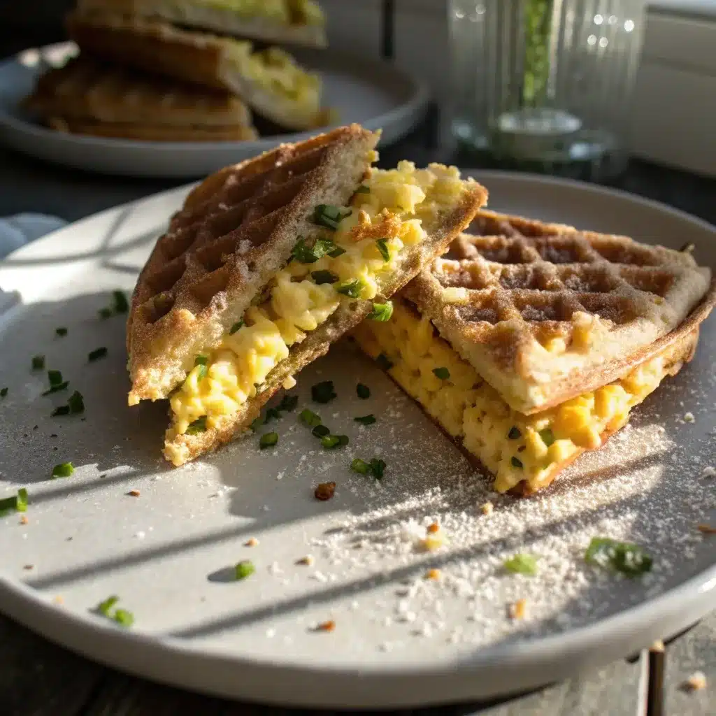 Savory waffle sandwich with scrambled eggs.