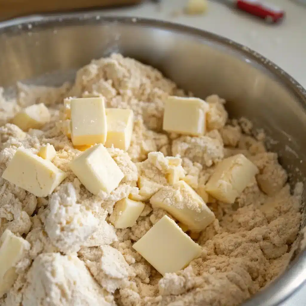 The shaggy dough texture of 3 ingredient cottage cheese biscuits before kneading showing butter chunks.