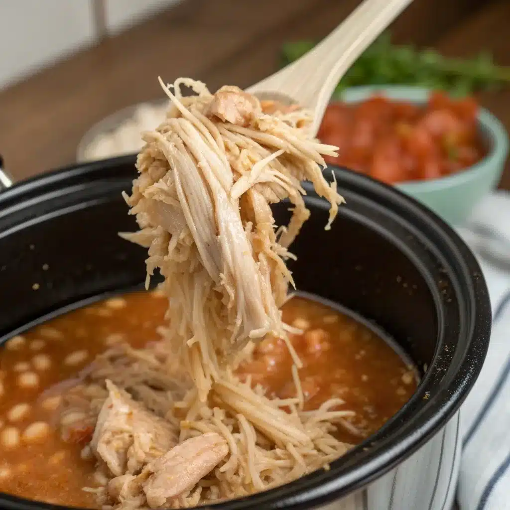 Shredded chicken breast being added back to the chili pot.