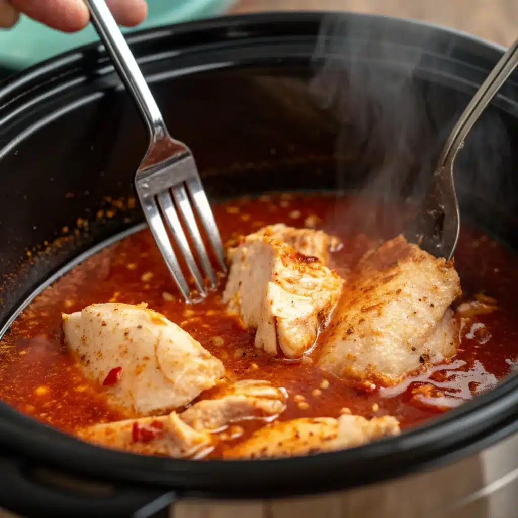 Shredding tender buffalo chicken in a slow cooker with two forks.