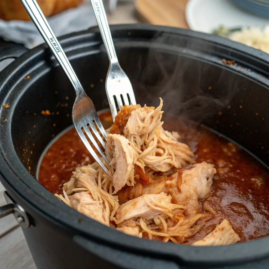 Hands using two forks to easily shred tender cooked chicken breast in the pot.