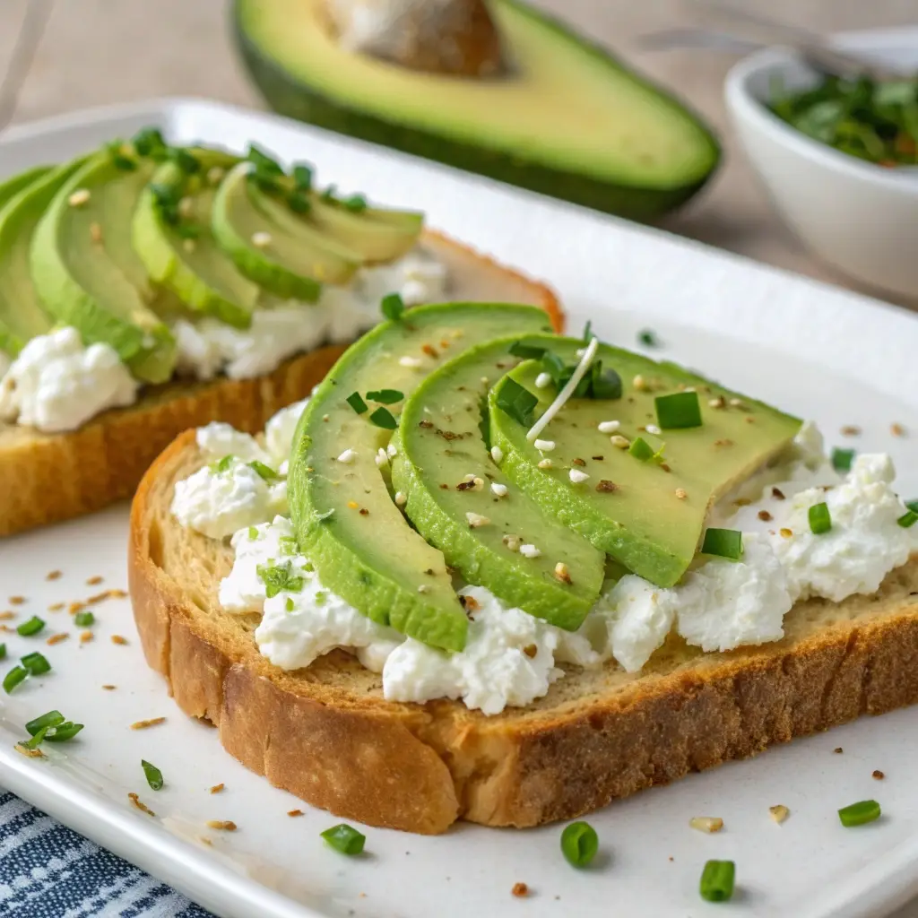 A perfect slice of avocado cottage cheese toast ready to eat.