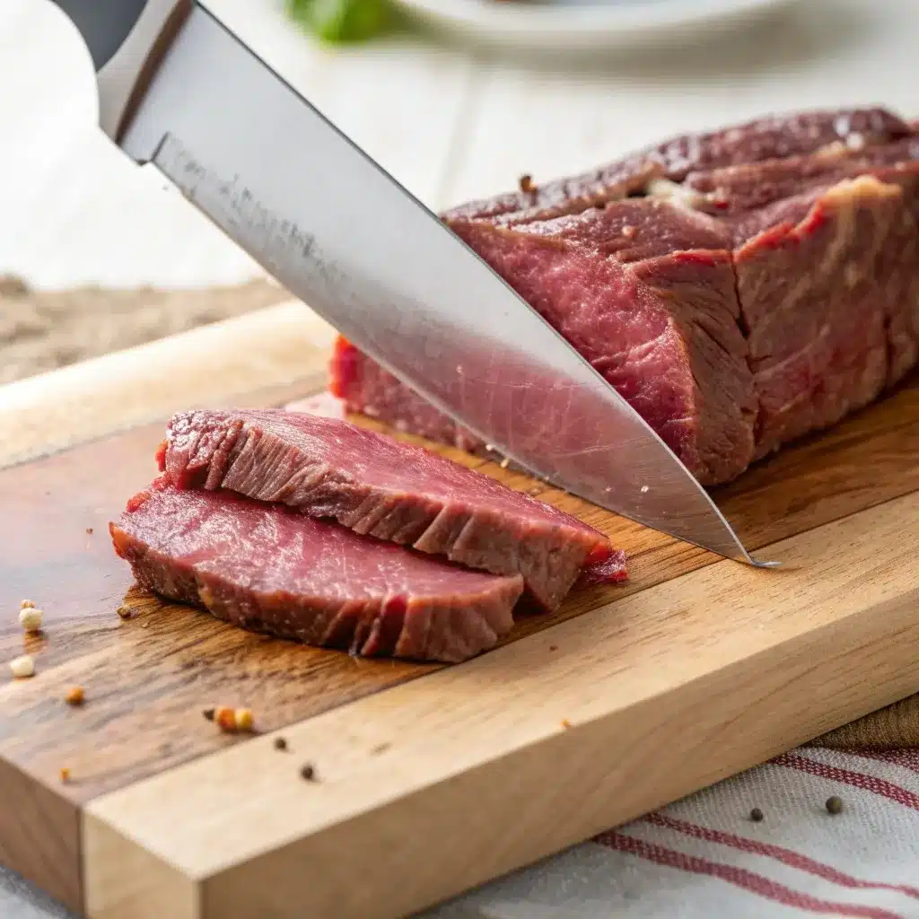 Knife slicing raw flank steak against the grain into thin strips.