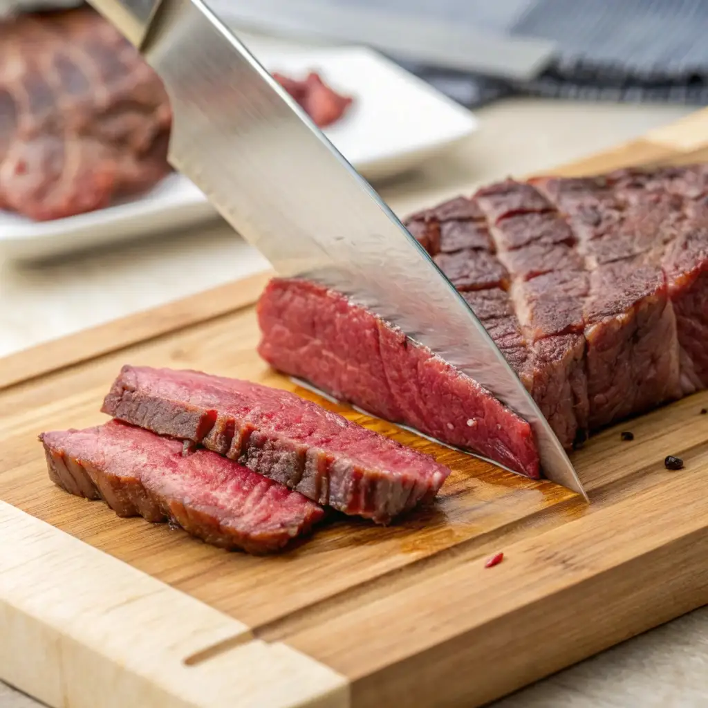 Slicing raw flank steak against the grain into thin strips for Korean beef.