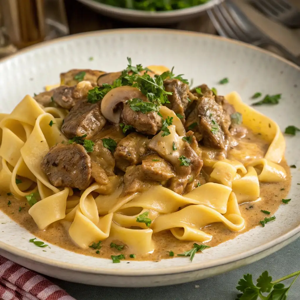 A beautiful plate of creamy Slow Cooker Beef Stroganoff with mushrooms served over wide egg noodles.