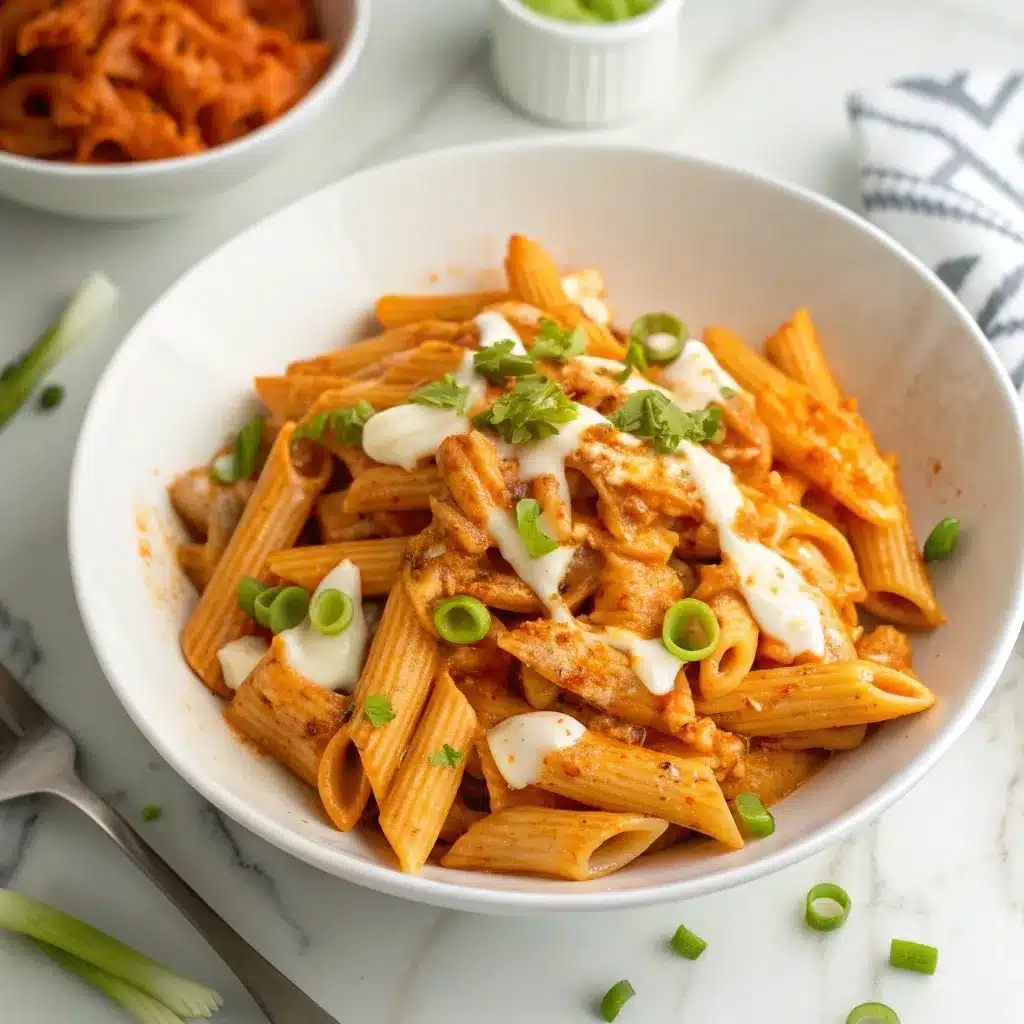 A wide white pasta bowl filled with creamy slow cooker buffalo chicken pasta garnished with green onions.