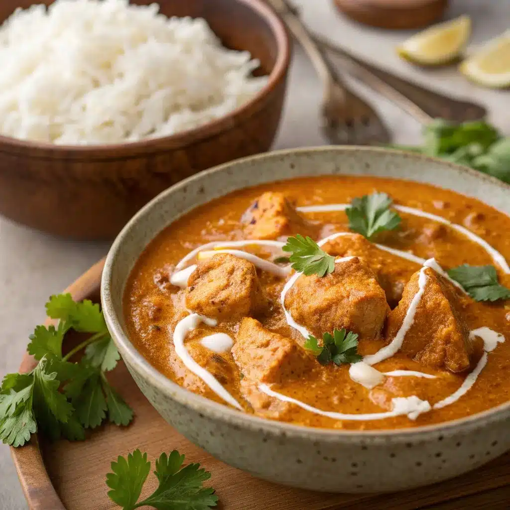 A bowl of creamy orange Slow Cooker Butter Chicken curry topped with cilantro and served with rice.
