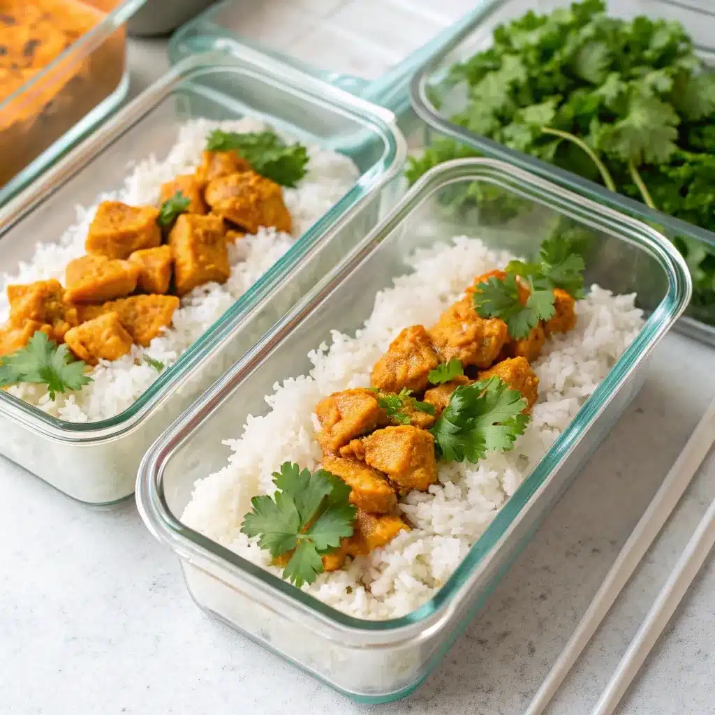 Glass meal prep containers filled with Slow Cooker Butter Chicken and rice. Caption: Meal prep your lunches for the whole week.