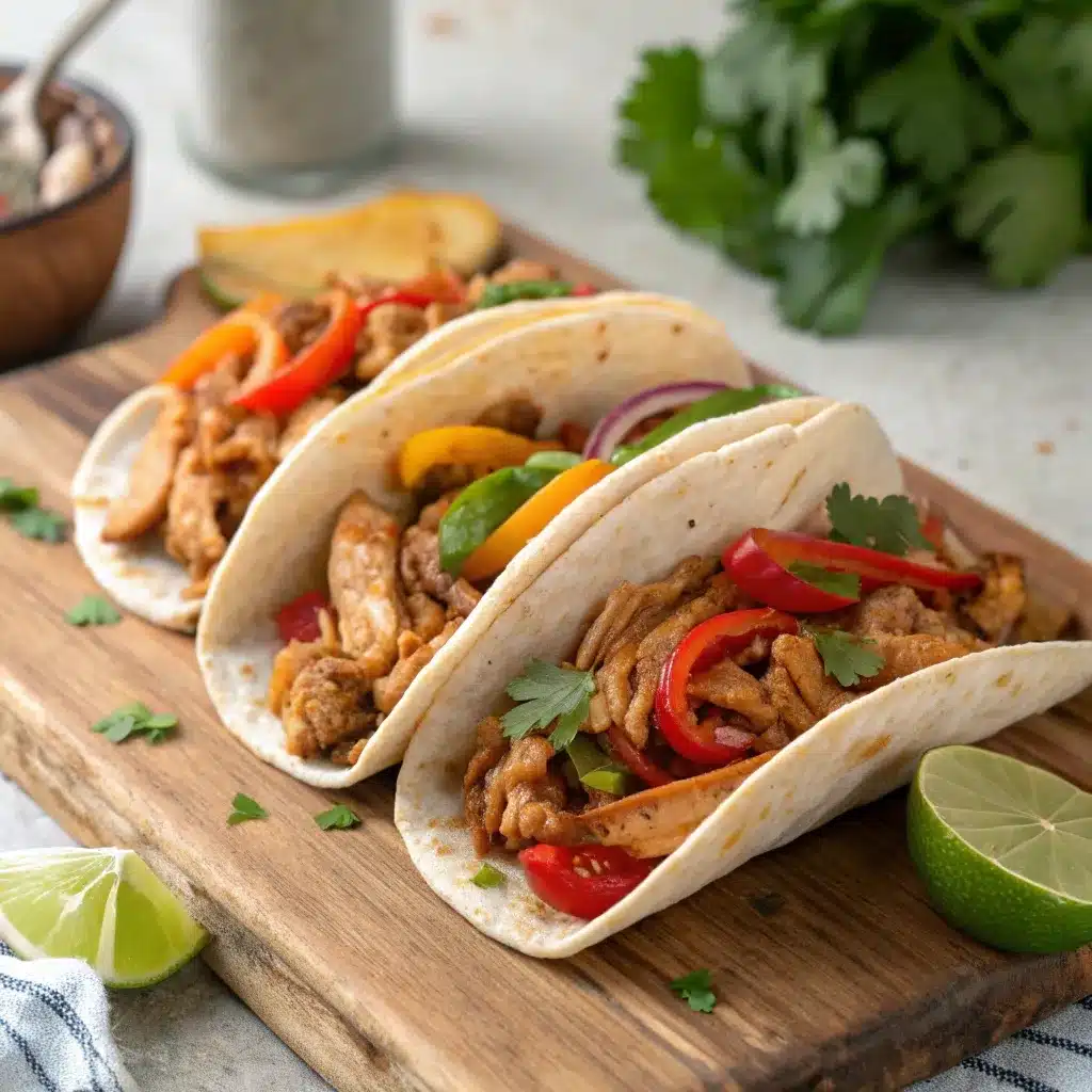 Warm corn tortillas filled with shredded chicken, peppers, and onions.
