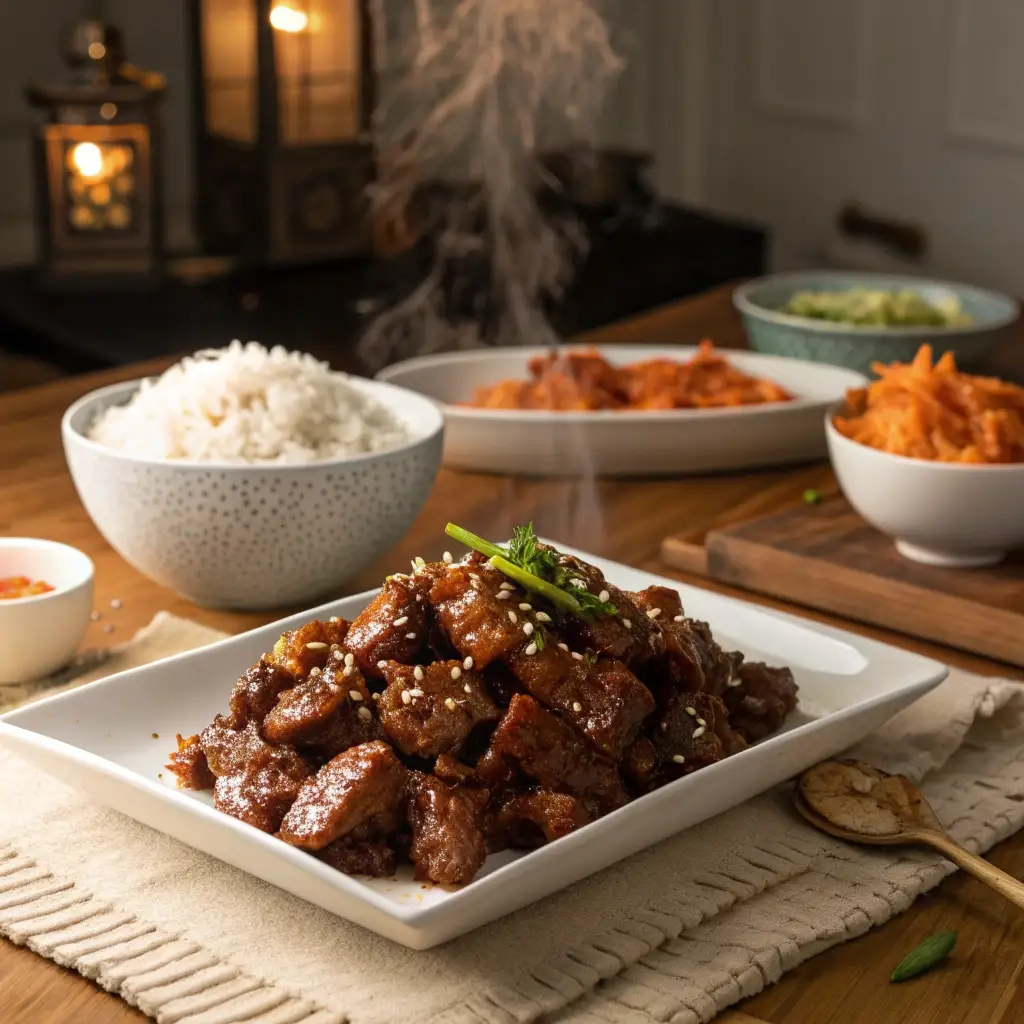 A large serving platter of Korean beef ready for dinner.