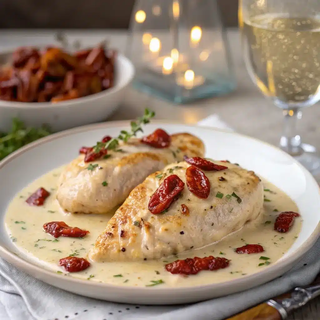 A romantic dinner setting with a plate of Slow Cooker Marry Me Chicken and a glass of sparkling water.