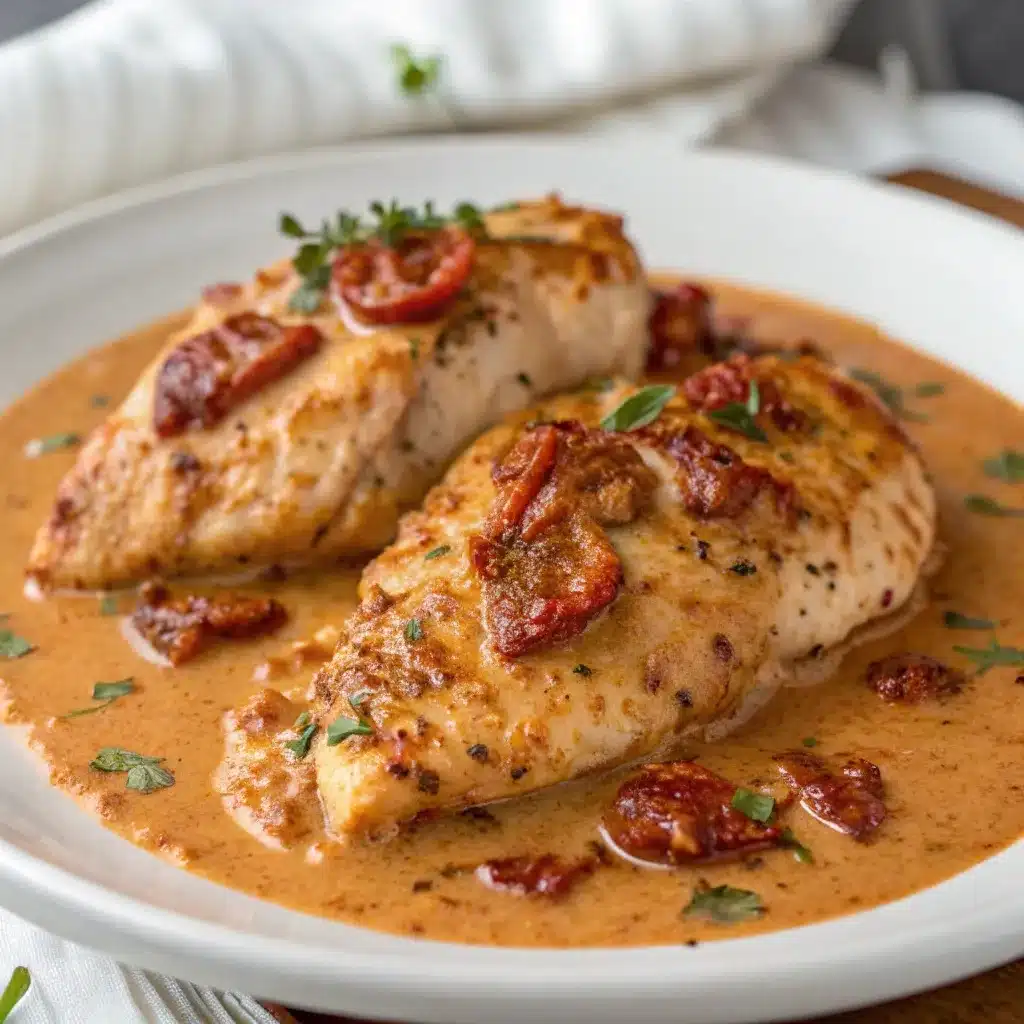 A close-up of whole Slow Cooker Marry Me Chicken breasts coated in creamy sun-dried tomato sauce.