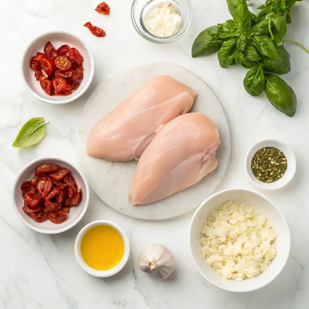Flatlay of ingredients for Slow Cooker Marry Me Chicken including raw chicken, sun dried tomatoes, and cottage cheese.