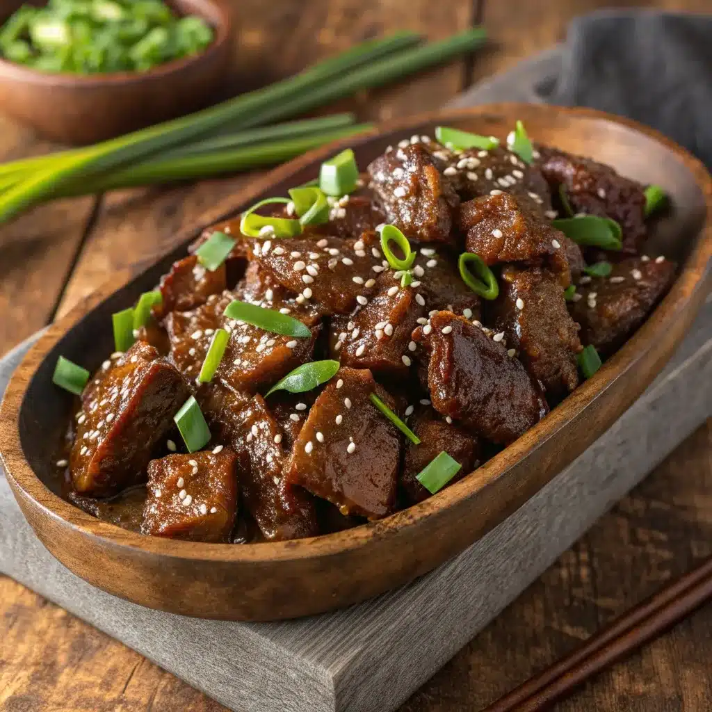 A rustic platter piled high with sticky slow cooker Mongolian beef garnished with green onions and sesame seeds.
