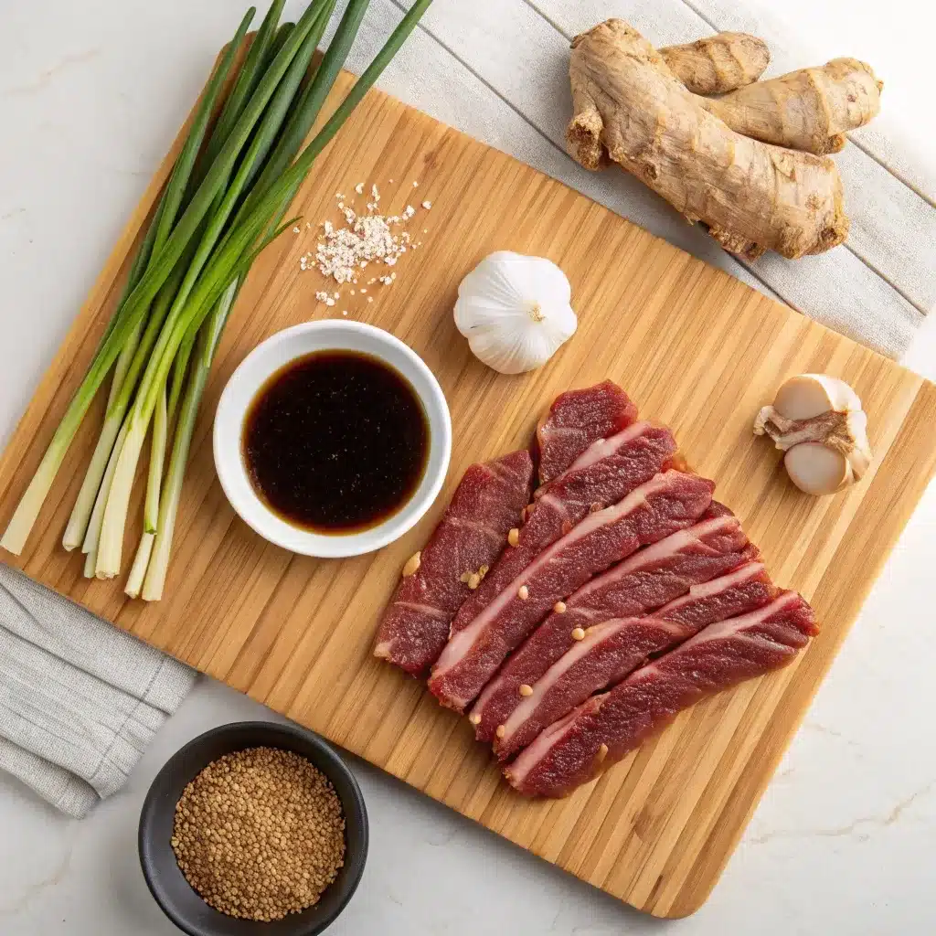 Flatlay of flank steak, soy sauce, ginger, and cornstarch for Mongolian Beef.