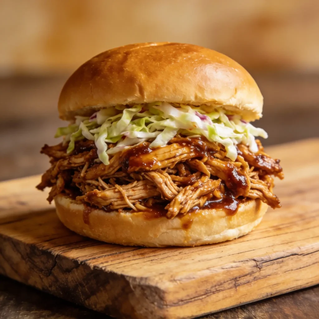 igh protein slow cooker shredded BBQ chicken piled high on a brioche bun with coleslaw on a wooden board.