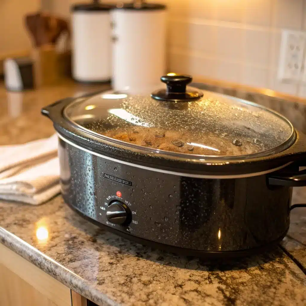 Slow cooker covered with lid simmering high protein turkey bolognese sauce.