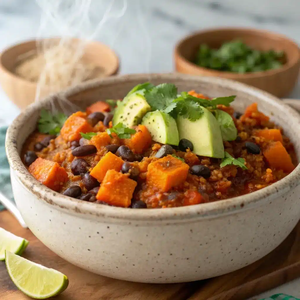 A colorful bowl of Slow Cooker Sweet Potato Quinoa Chili topped with fresh avocado and cilantro.