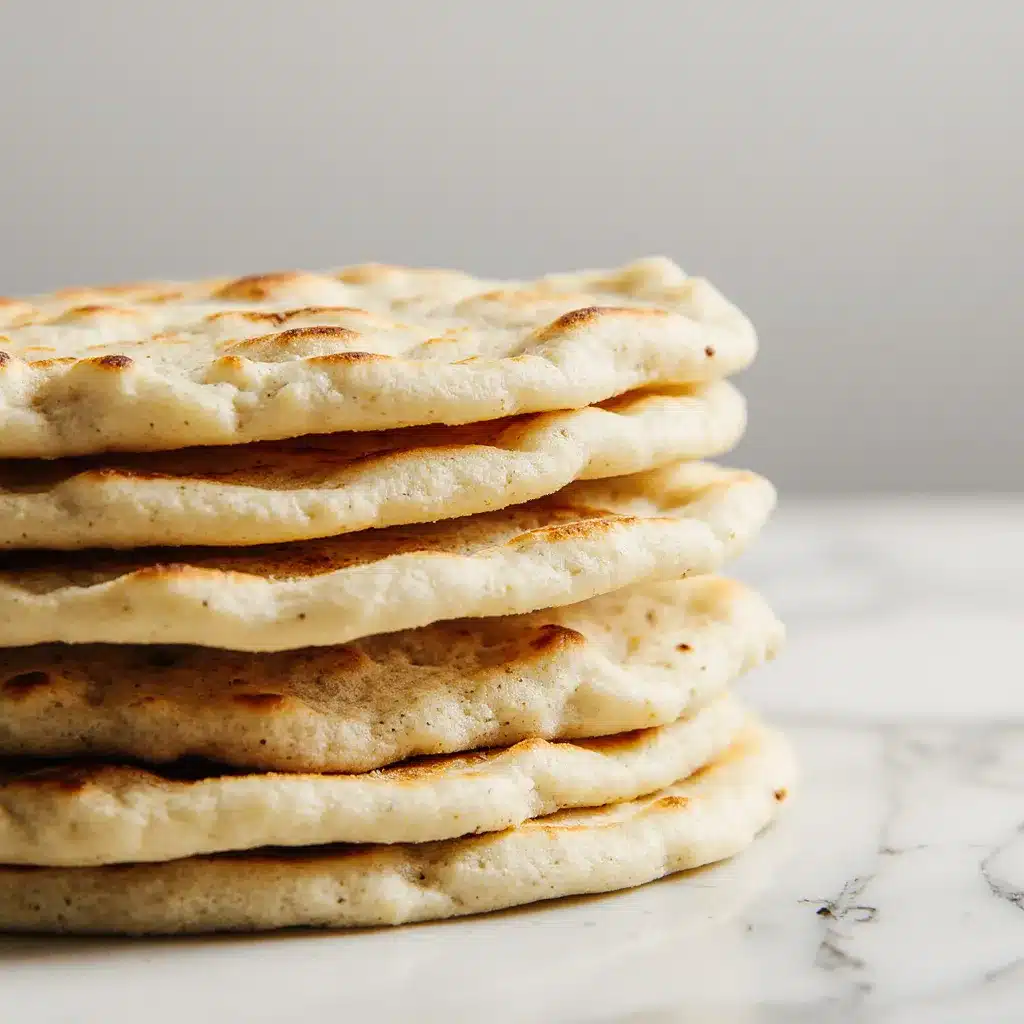 Stack of soft and pliable golden brown cottage cheese flatbreads on a marble surface.