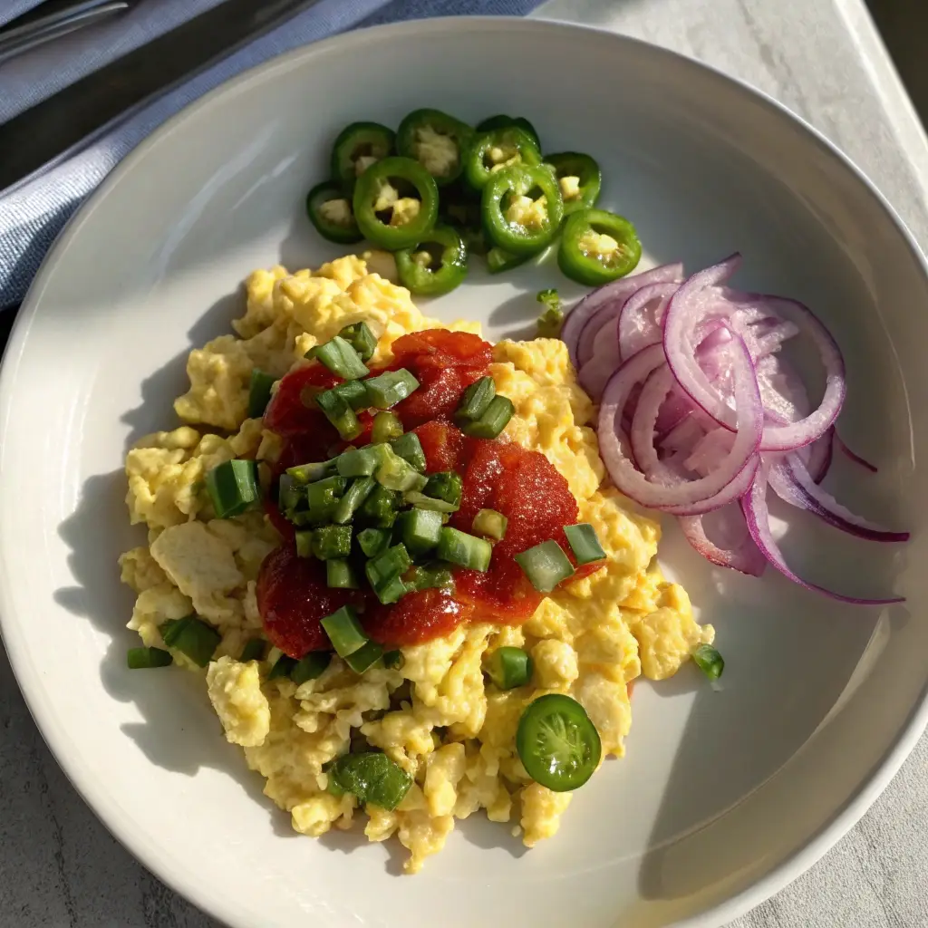 Southwest style cottage cheese eggs with jalapeños and salsa.