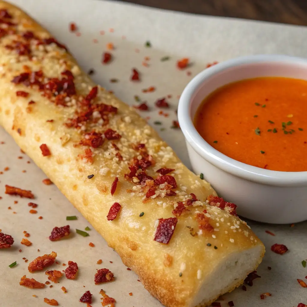 Spicy garlic breadsticks topped with red pepper flakes and served with buffalo sauce.