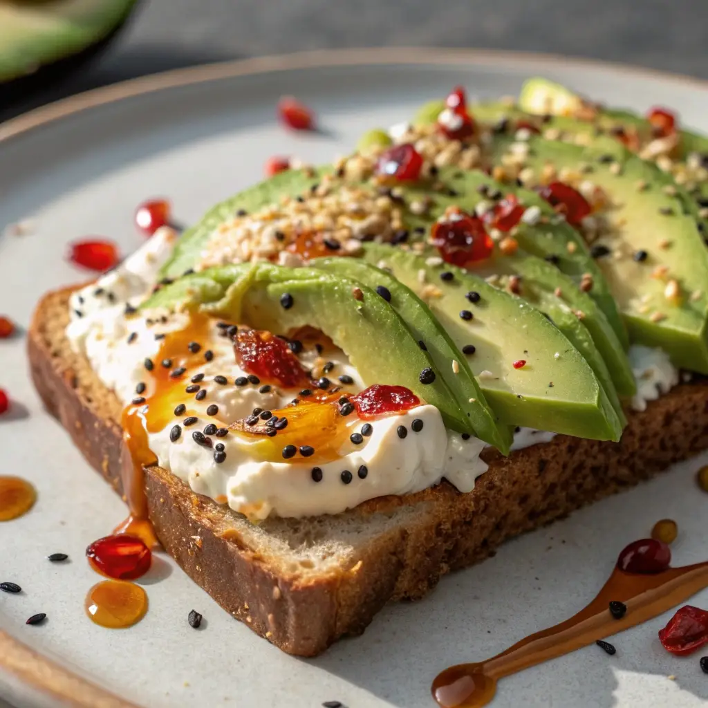 Avocado toast with everything bagel seasoning and hot honey.