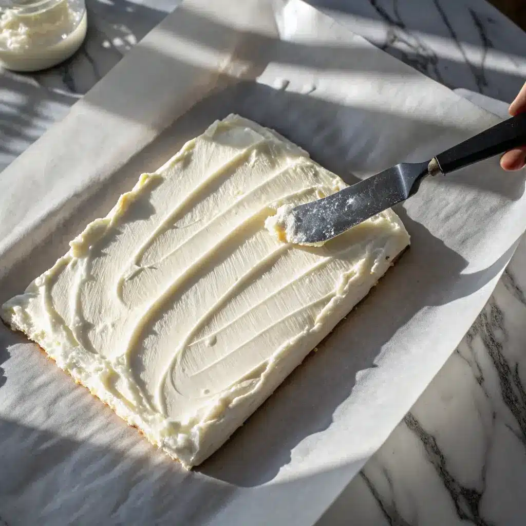 Spreading creamy cottage cheese bark mixture onto parchment paper.