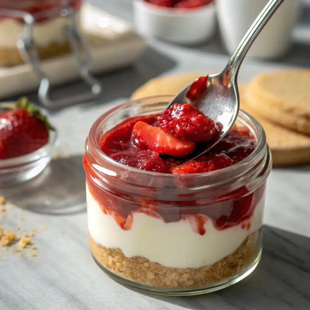 Close up of a Cottage Cheese Cheesecake Jar with a spoon digging in.