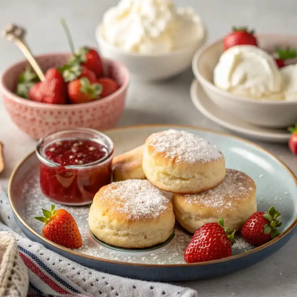 Sweet cottage cheese biscuits served with strawberry jam and clotted cream.