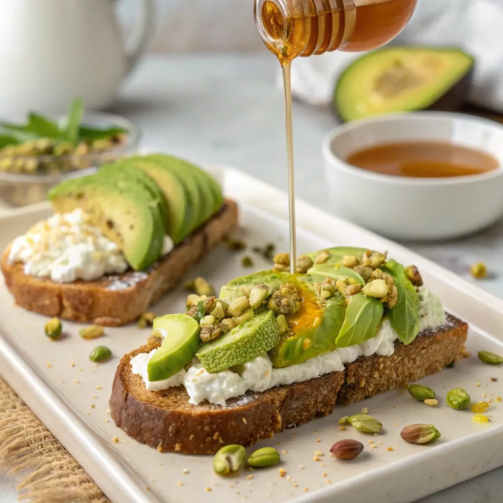 Sweet avocado toast with honey and pistachios.
