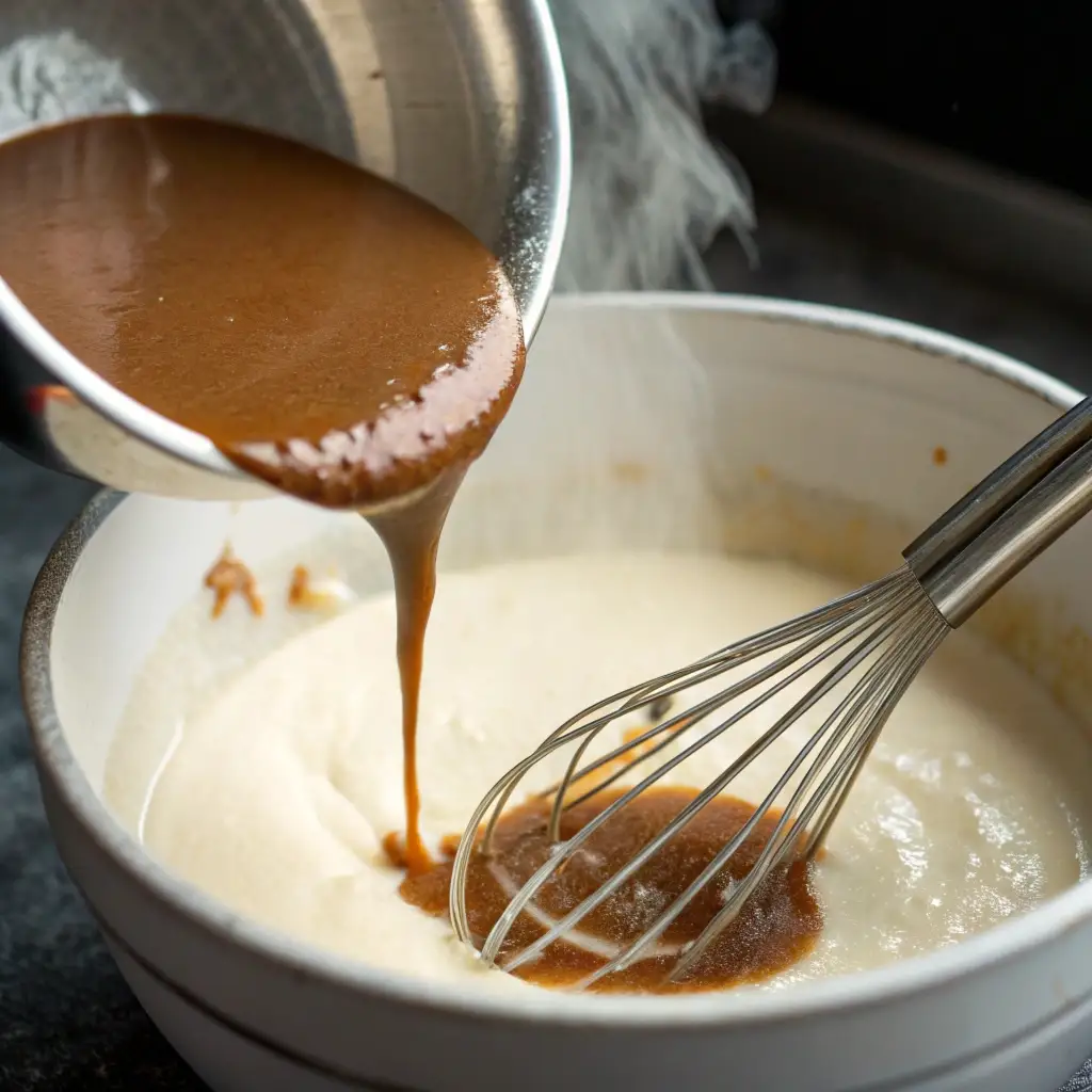 Whisking hot gravy into greek yogurt to make creamy sauce.