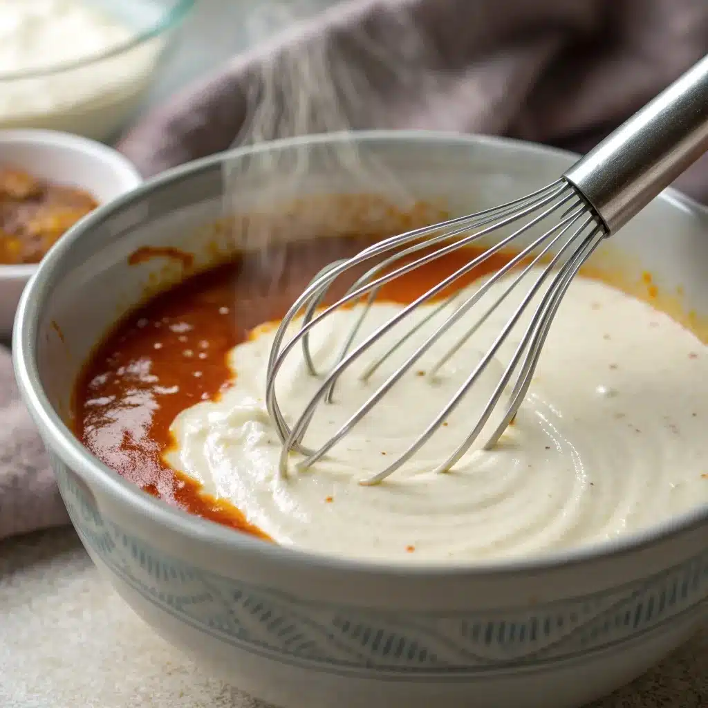 Whisking hot broth into greek yogurt to prevent curdling.