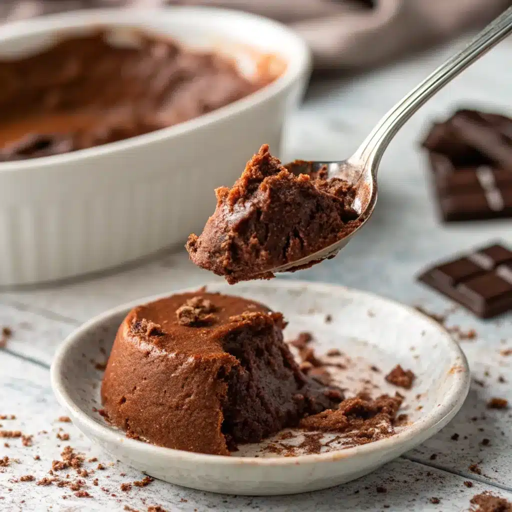 Spoon scooping thick chocolate mousse texture.