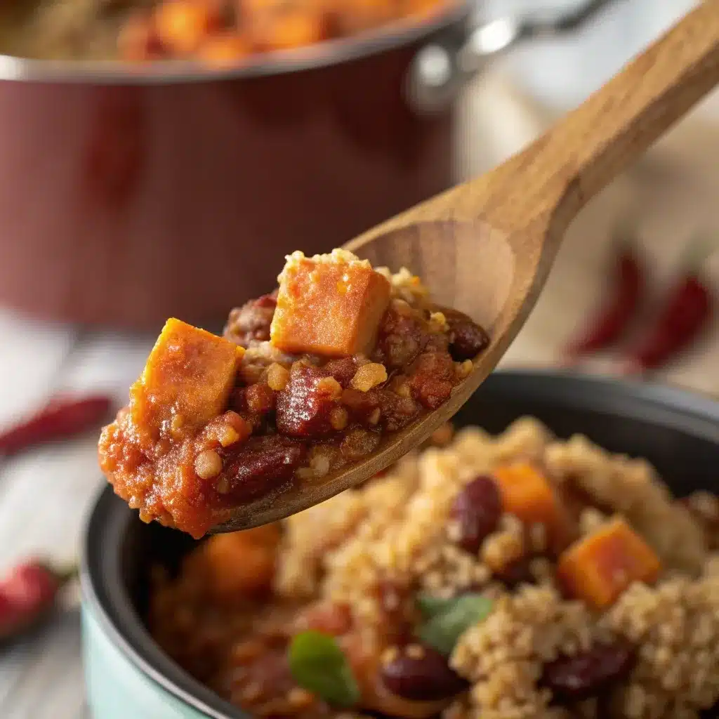 Close-up of a wooden spoon filled with sweet potato, black beans, and quinoa showing the thick, stew-like texture.