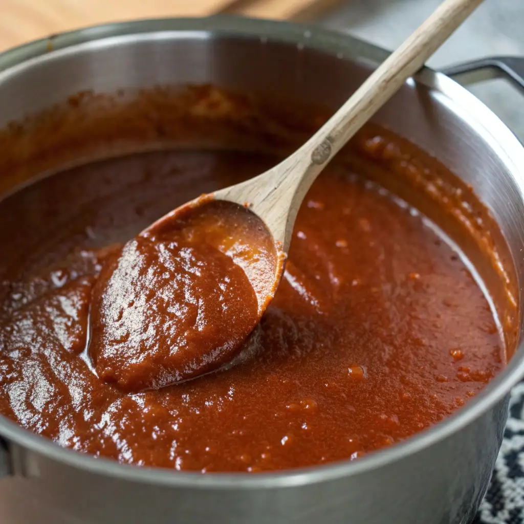 Glossy, thickened beef gravy in a slow cooker.