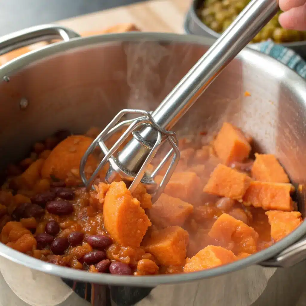 Using a potato masher to crush sweet potatoes in the slow cooker to thicken the chili.
