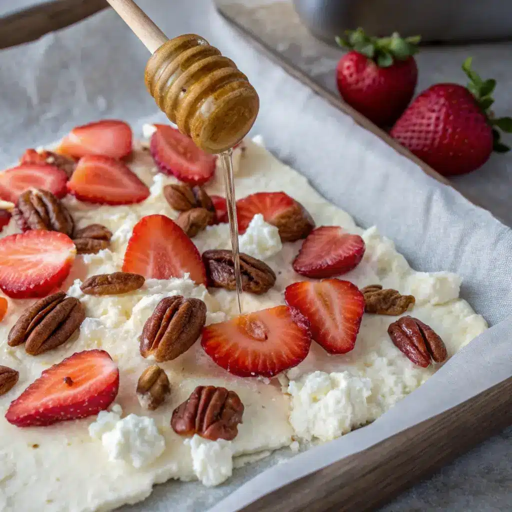 Adding strawberries and nuts to wet cottage cheese bark.