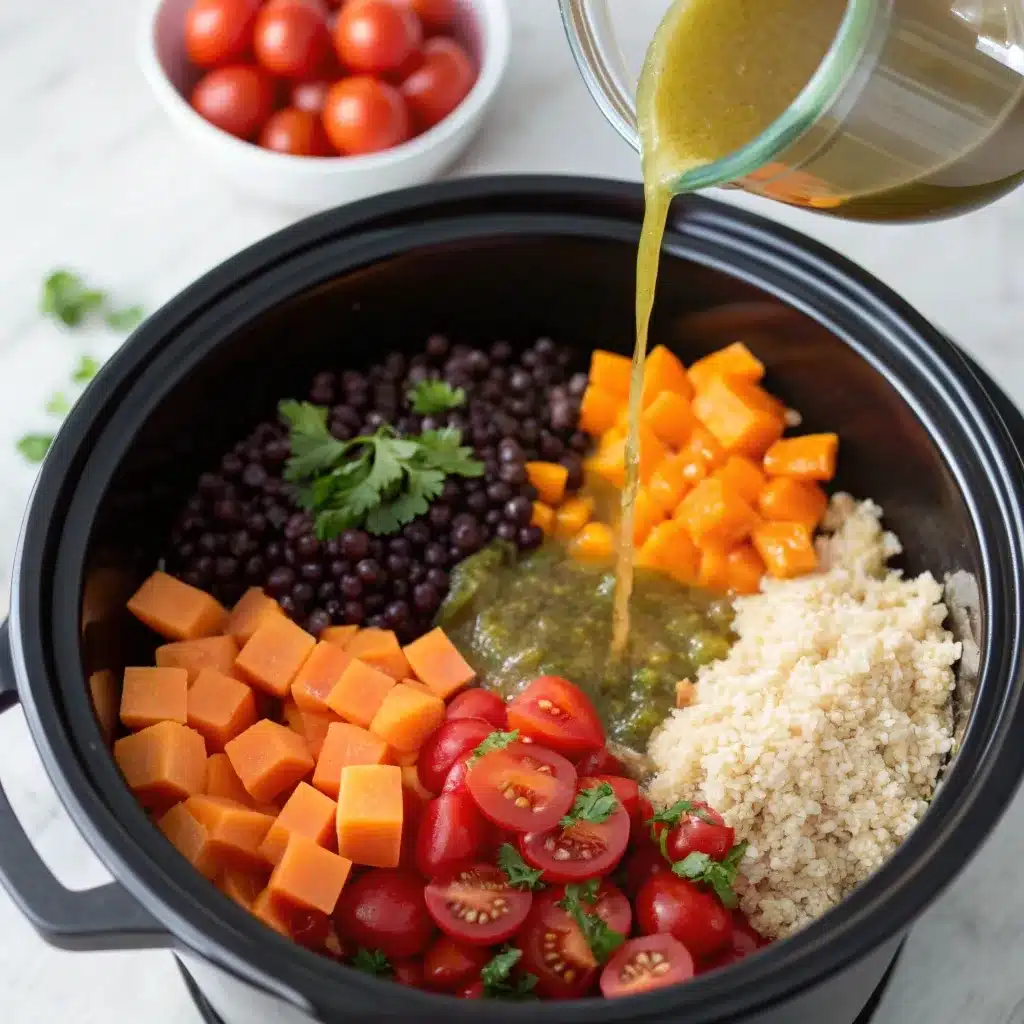 Raw cubed sweet potatoes, uncooked quinoa, and beans arranged in a slow cooker before cooking.