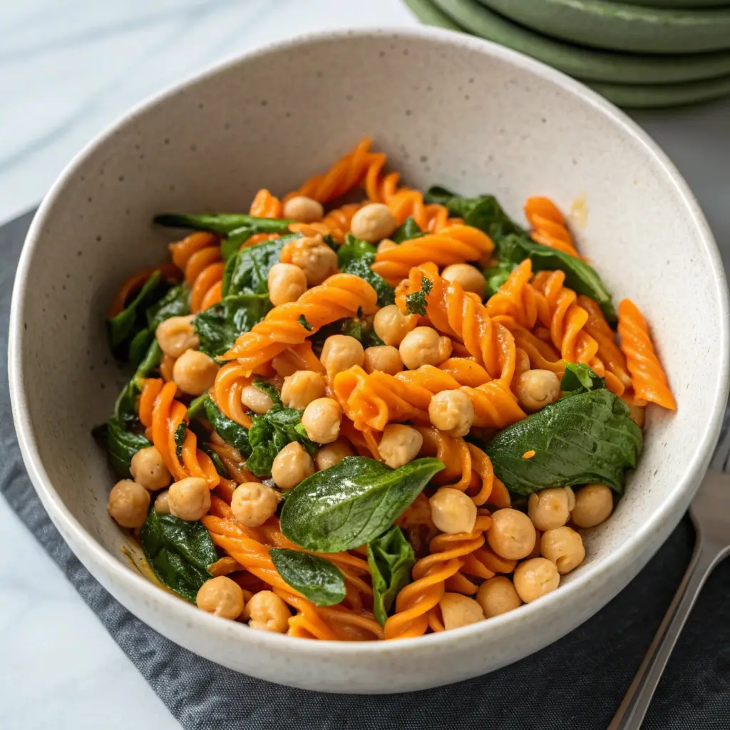 Vegetarian protein pasta with spinach and chickpeas.