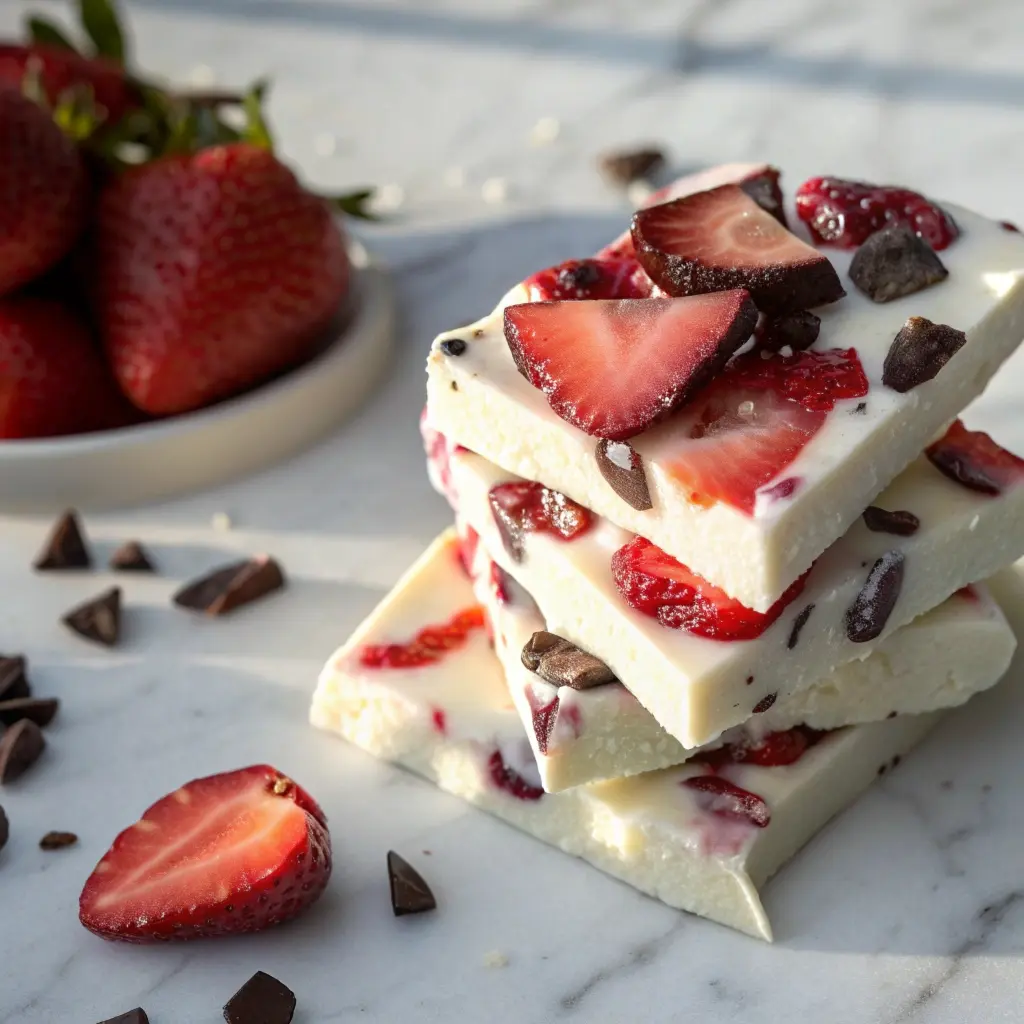 A shard of viral Cottage Cheese Bark with strawberries and pecans.