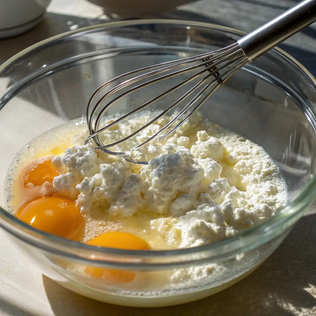 Whisking raw eggs and cottage cheese together.
